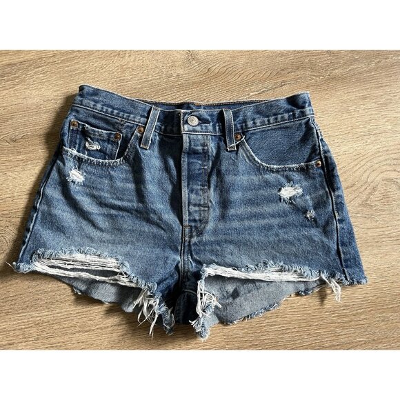 Levi's Jean Shorts Women's 501 Denim Blue Cutoff Button Fly Short Distressed 28 - Picture 2 of 8